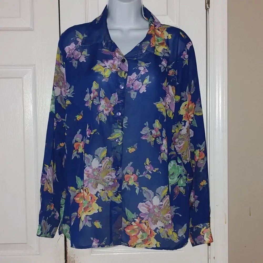 Potpourri Vintage sheer blue floral button down blouse Sz XL EUC
